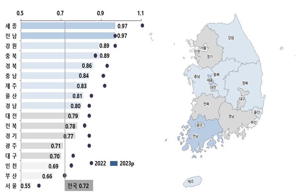 지역별 출생률 지도/통계청 제공
